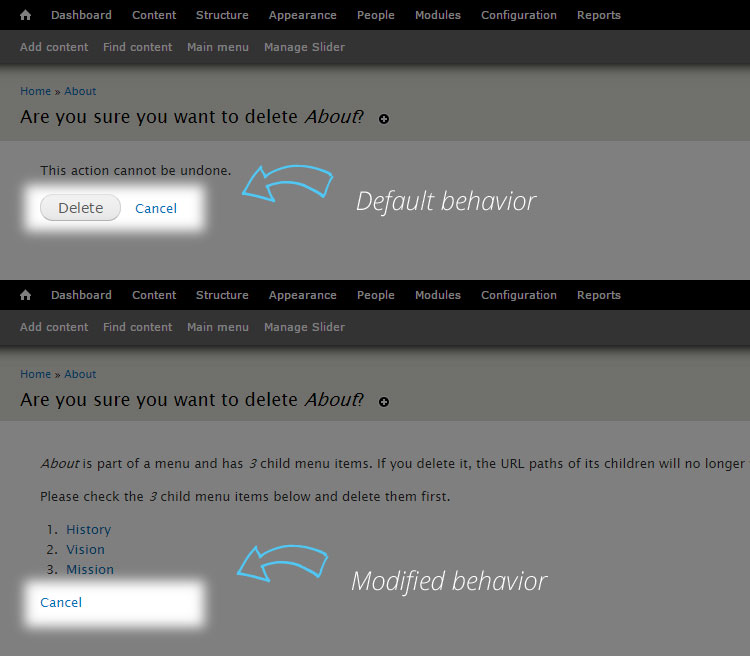 Screenshot showing node deletion prevention in Drupal