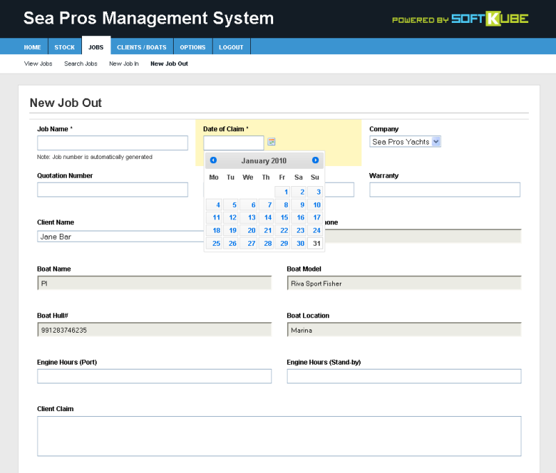 Job creation - Showing job details and dynamic calendar control.