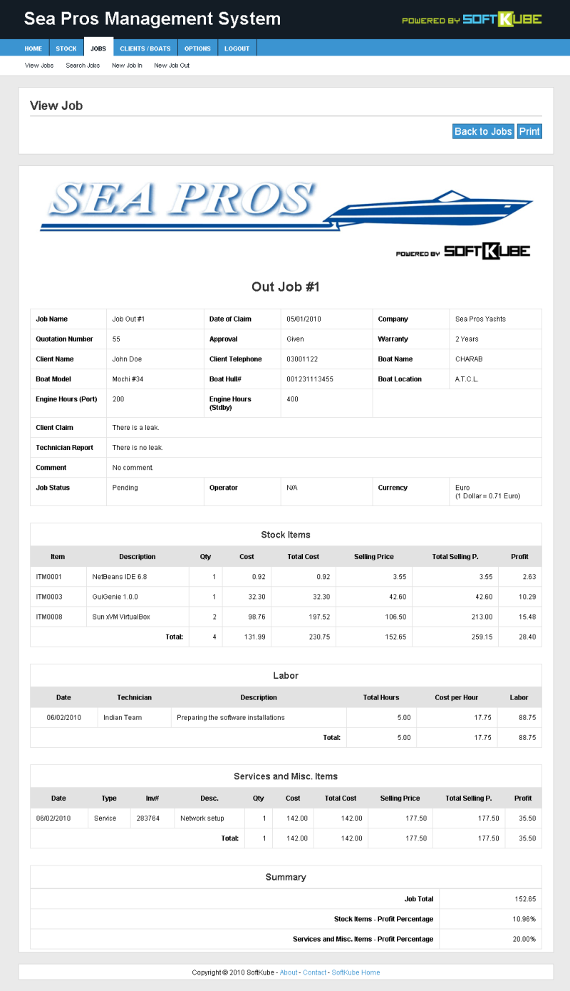 Showing a print-ready report of the job. The header, menu, and footer are automatically removed upon printing.